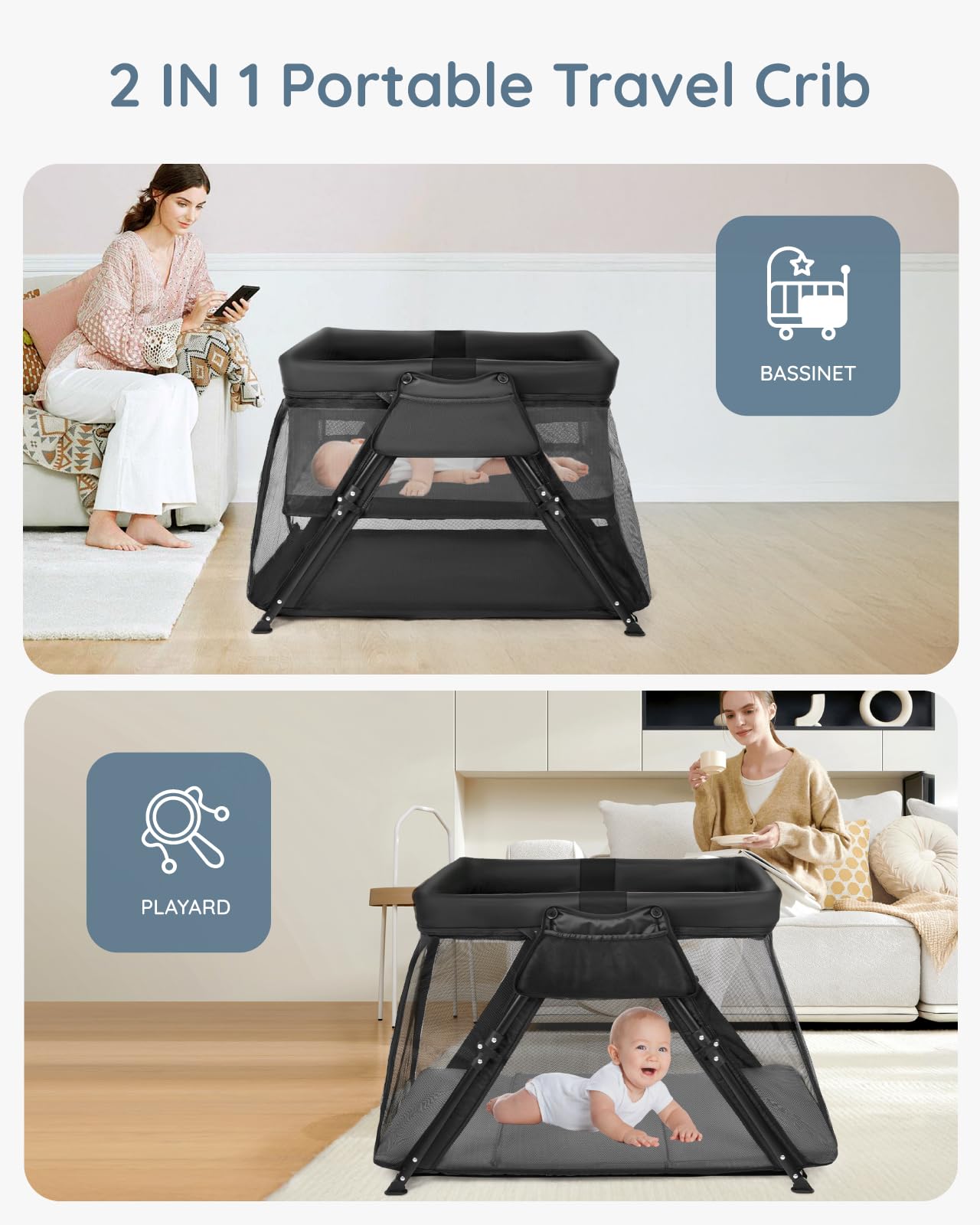 Lilian&Gema travel crib folded with backpack for easy transport.