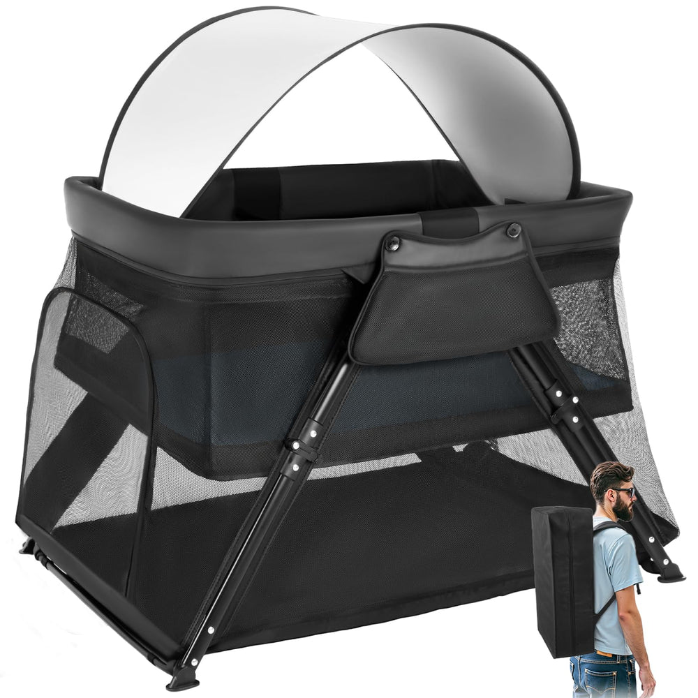 Lilian&Gema 2-in-1 travel crib outdoors showing safe sleep and play space.