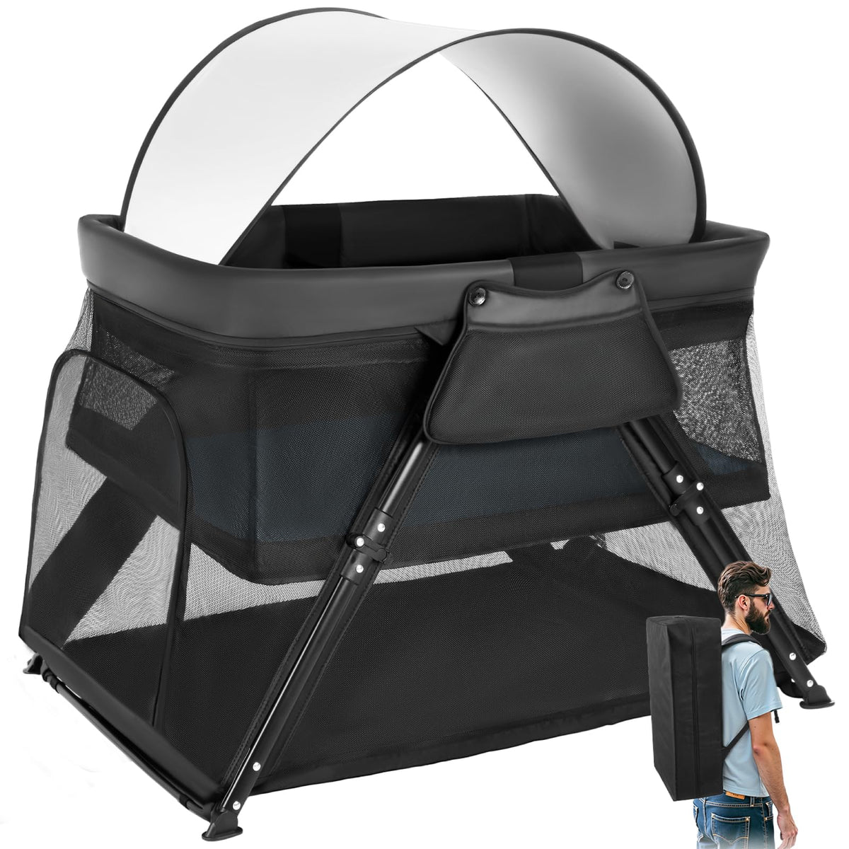 Lilian&Gema 2-in-1 travel crib outdoors showing safe sleep and play space.