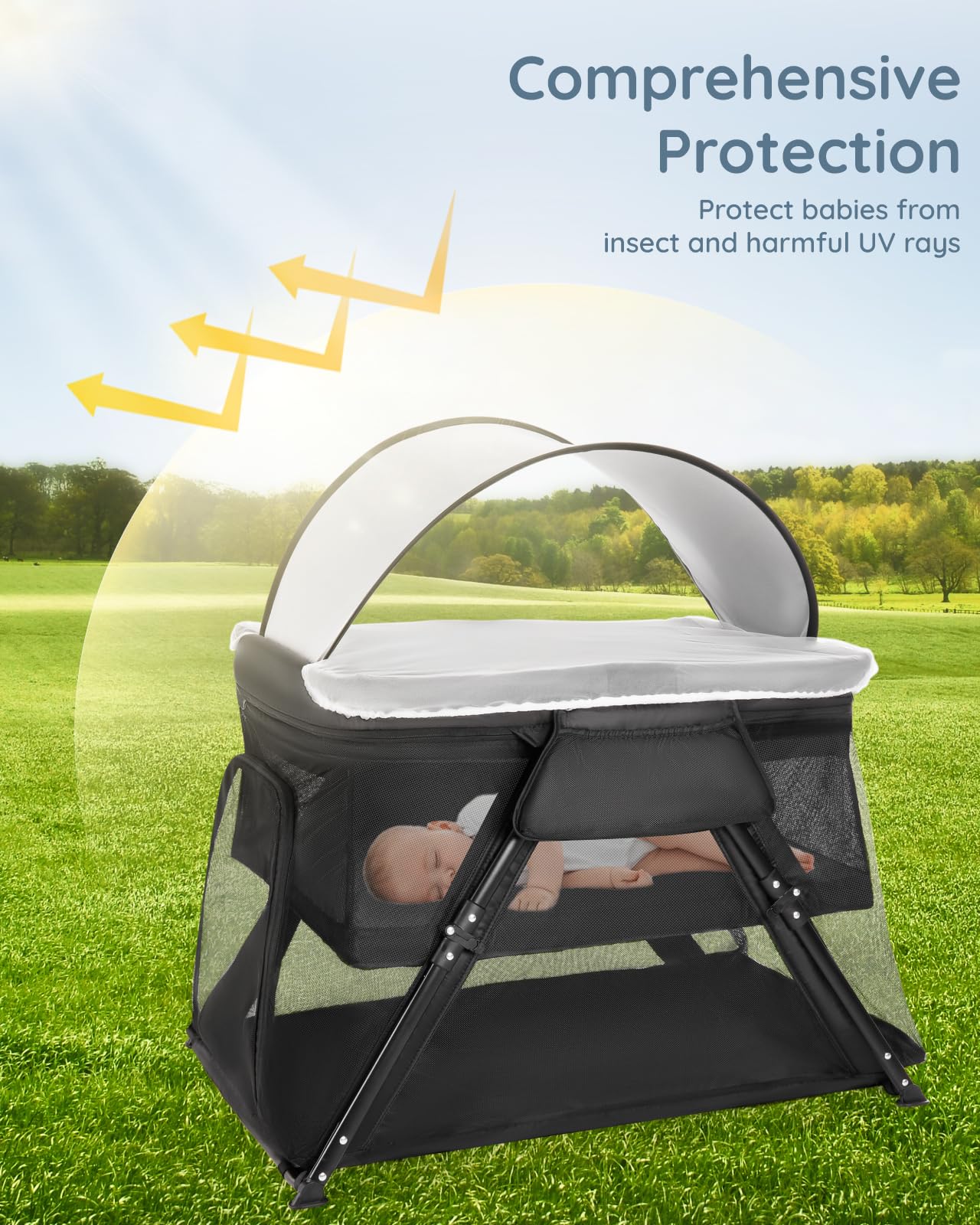 Lilian&Gema travel crib with sturdy aluminum frame for stability.