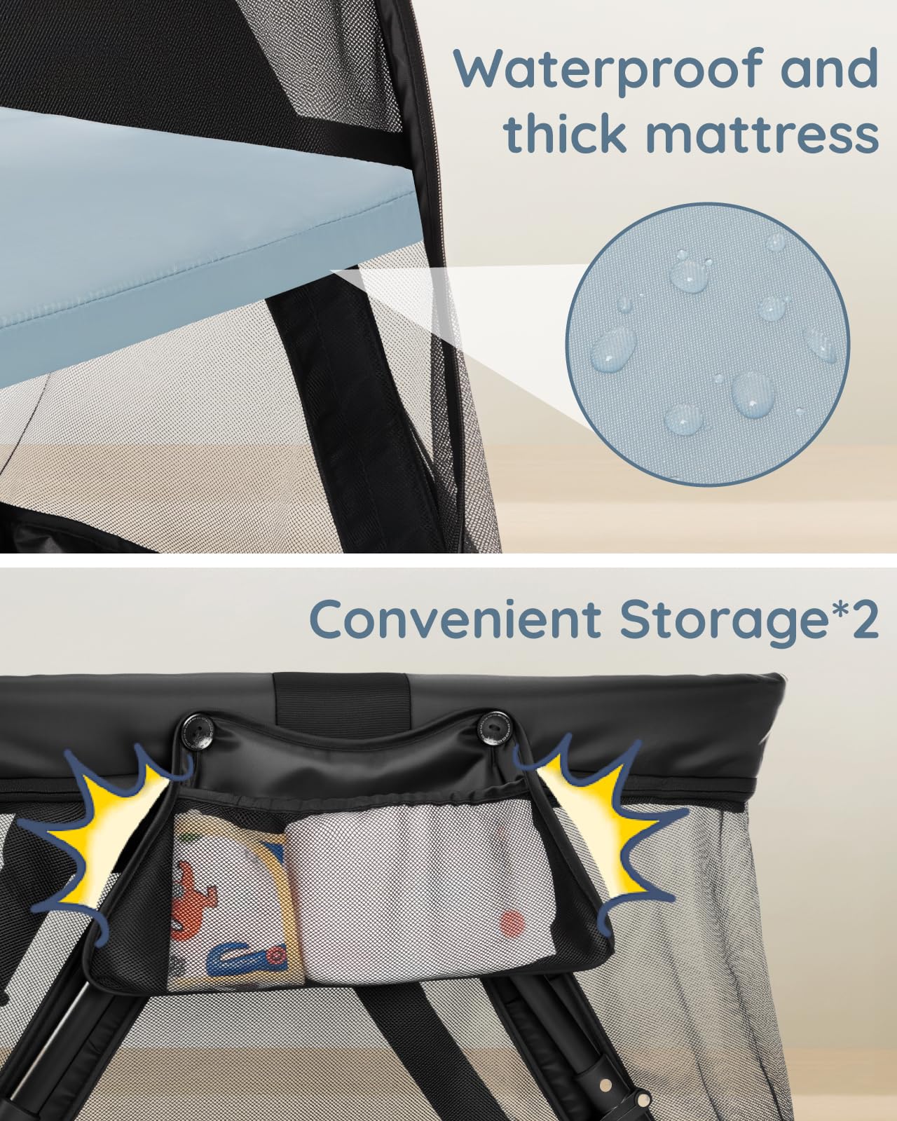 Lilian&Gema travel crib with UV50+ sunshade for outdoor protection.