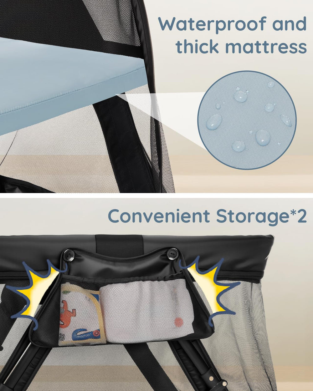 Lilian&Gema travel crib with UV50+ sunshade for outdoor protection.