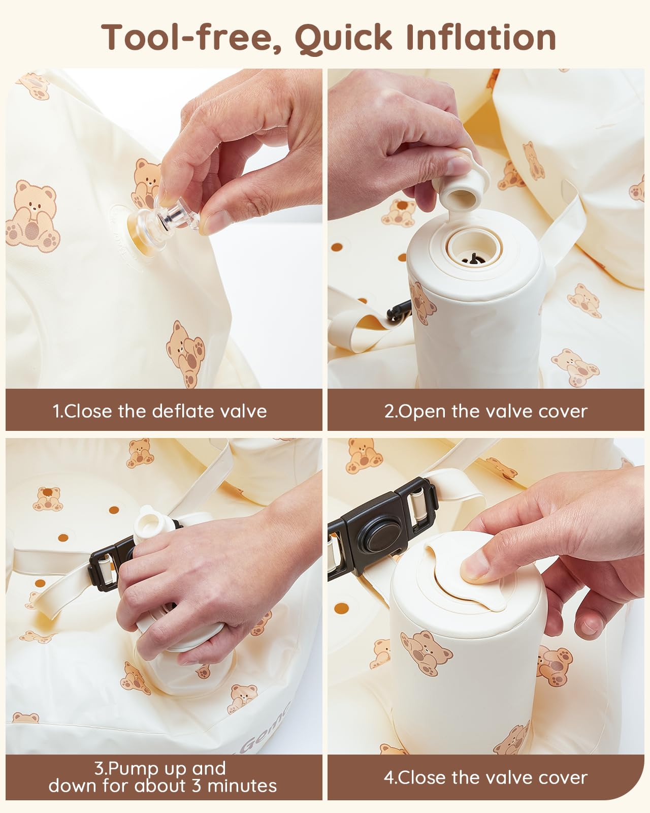 Lilian&Gema built-in pump close-up demonstrates quick, tool-free inflation for meals.