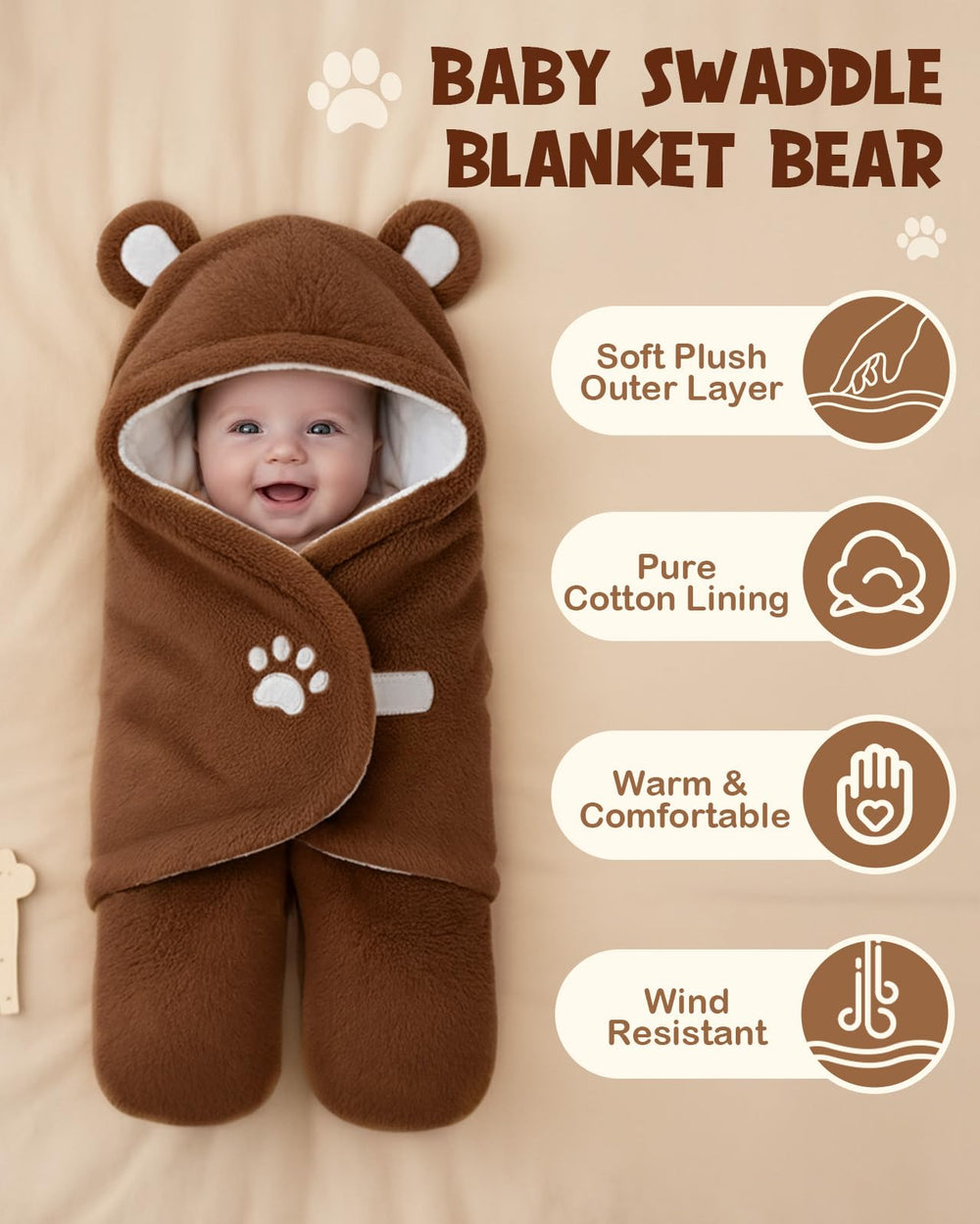 Lilian&Gema newborn swaddle hoodie protects head with wind-resistant design.