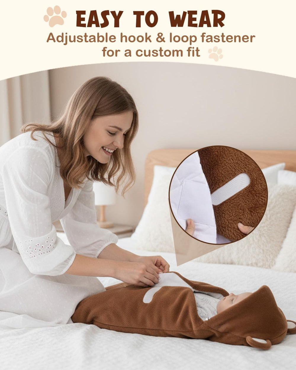 Lilian&Gema swaddle with adjustable closure for a secure, comfy fit.