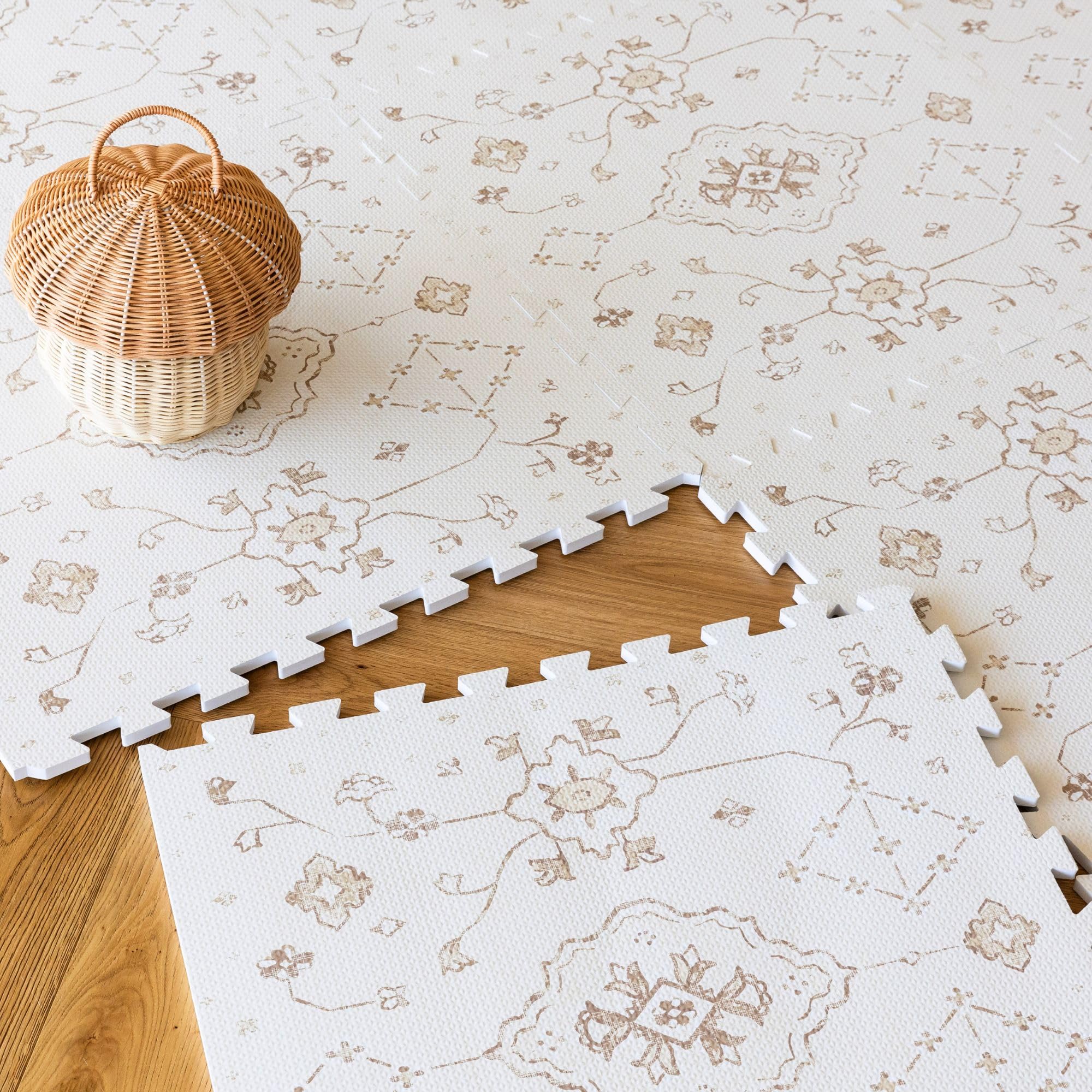 Lillefolk baby play mat 6x6ft vintage vanilla tiles provide soft, safe floor padding for tummy time.