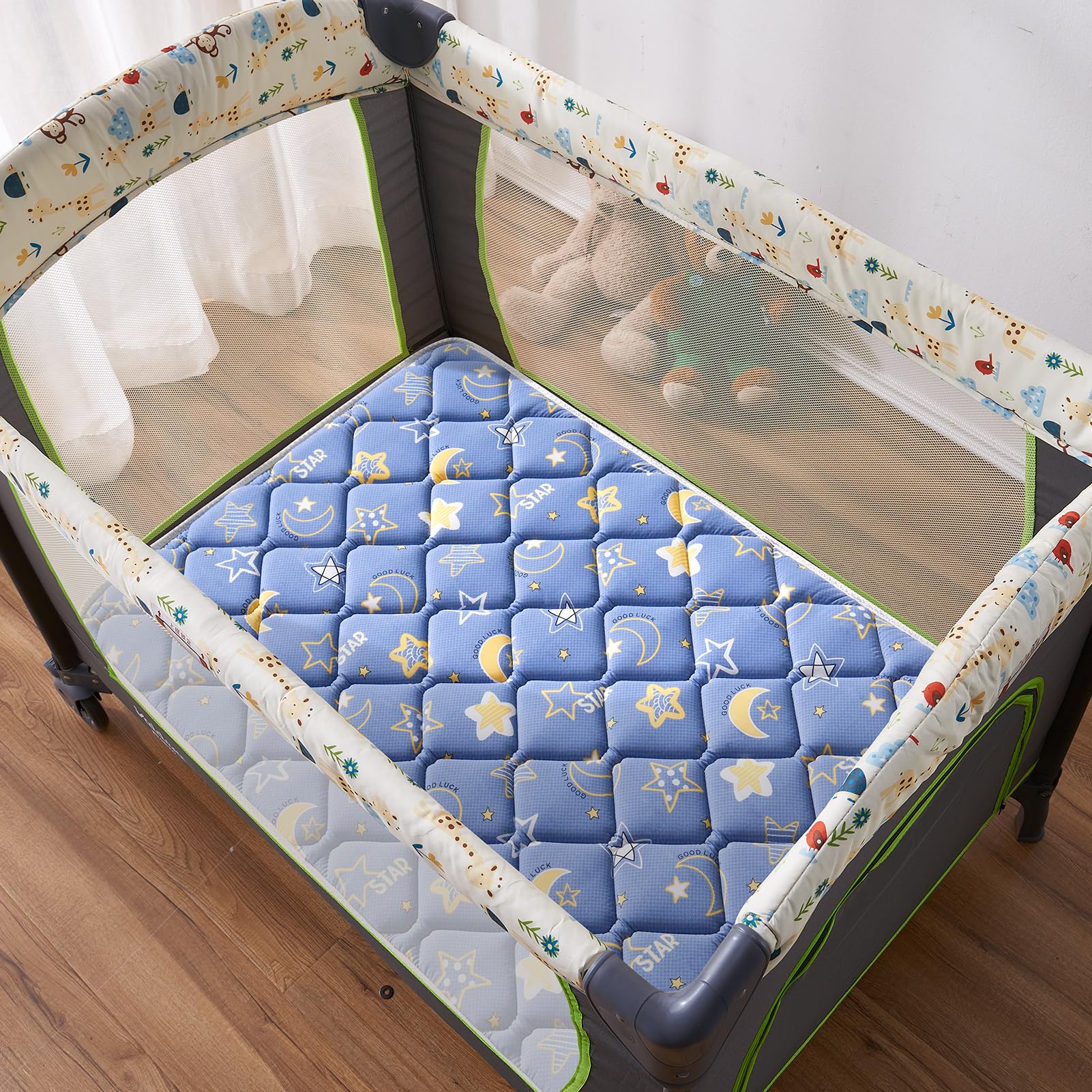 Lillibearas 38x26 inch topper fits standard playards when measured.