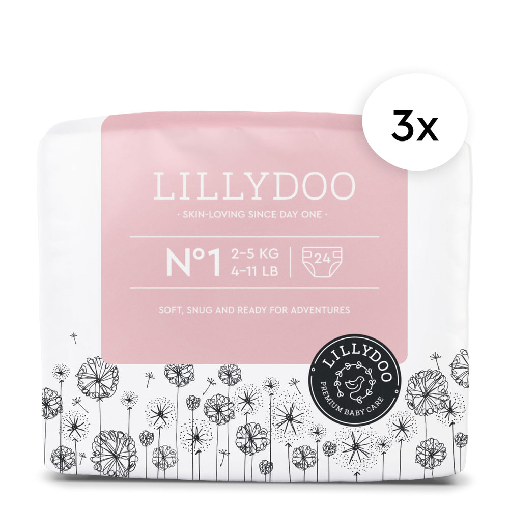 LILLYDOO Size 1 side-fit shows secure, flexible wear for tiny movers.