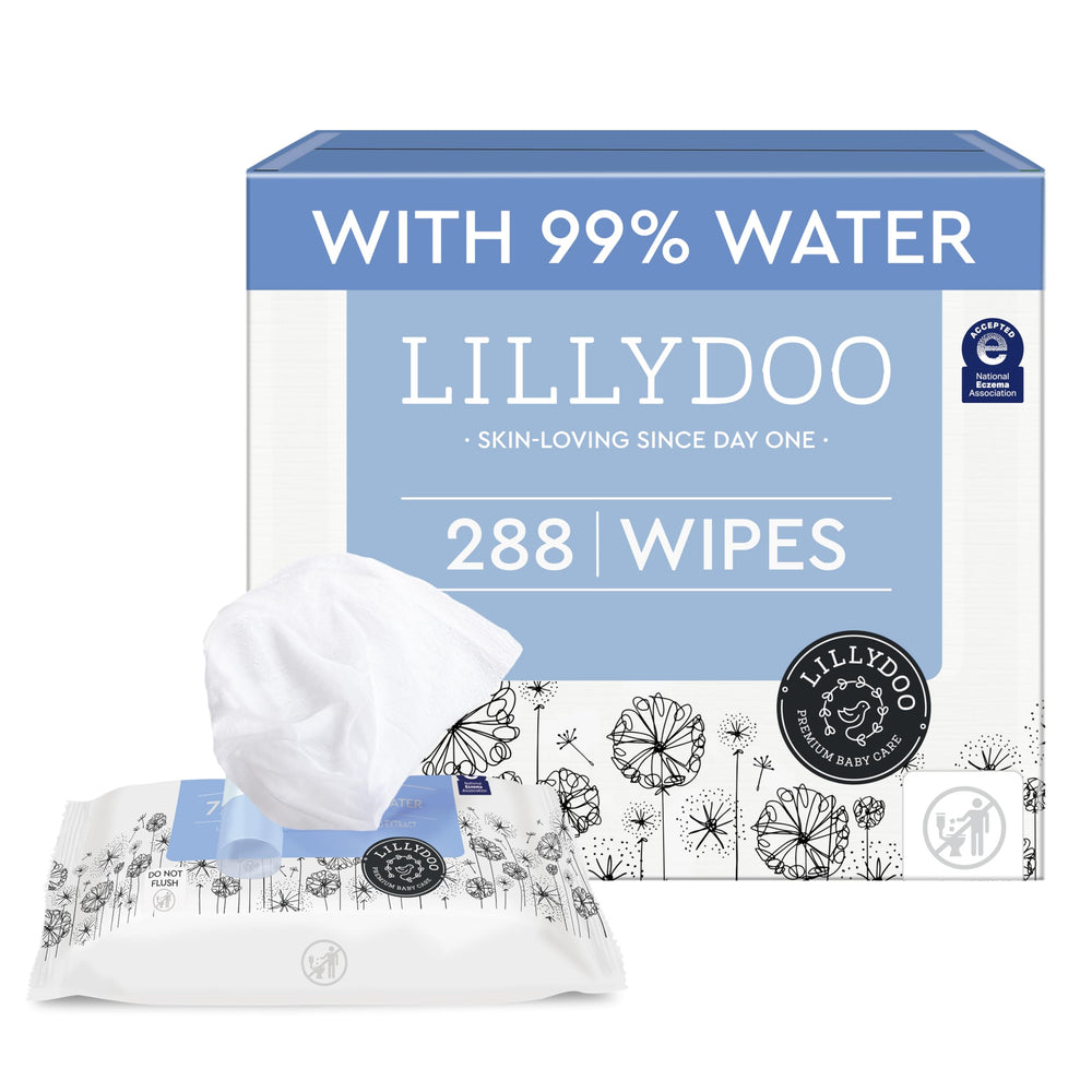 LILLYDOO baby wipes with 99% water and unscented formula for gentle cleansing.