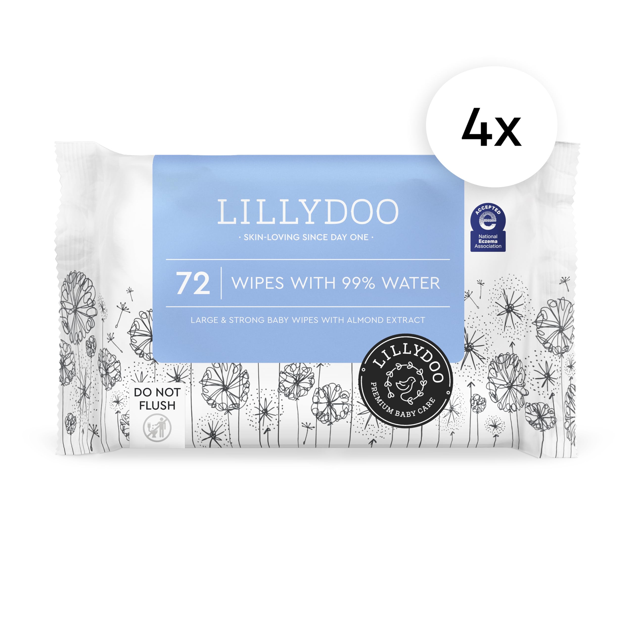LILLYDOO wipes with almond extract, dermatologist tested for sensitive skin.