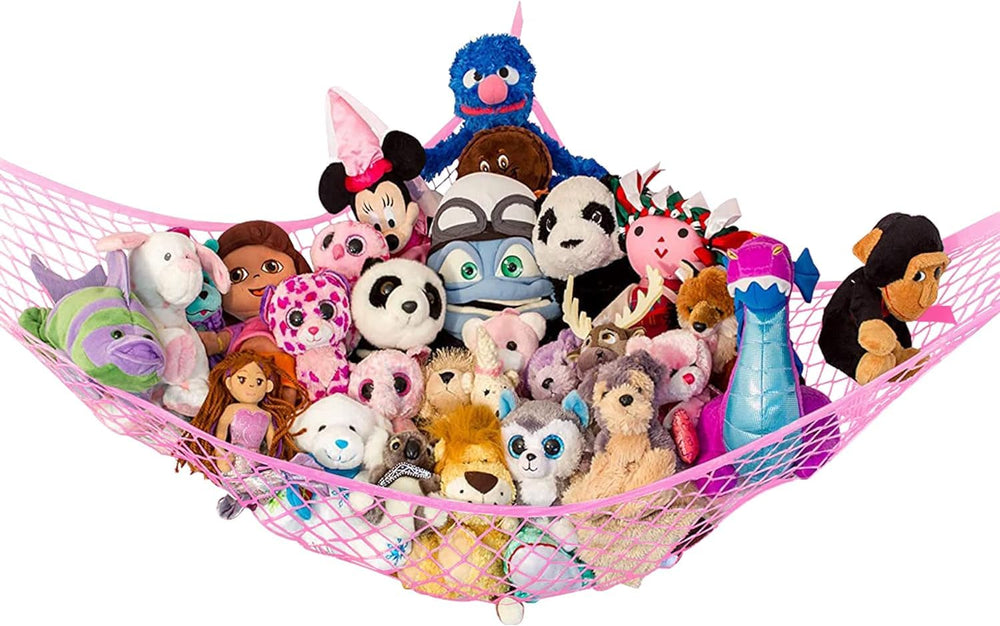 Lilly's Love corner stuffed animal hammock neatly stores plushies in a compact corner.