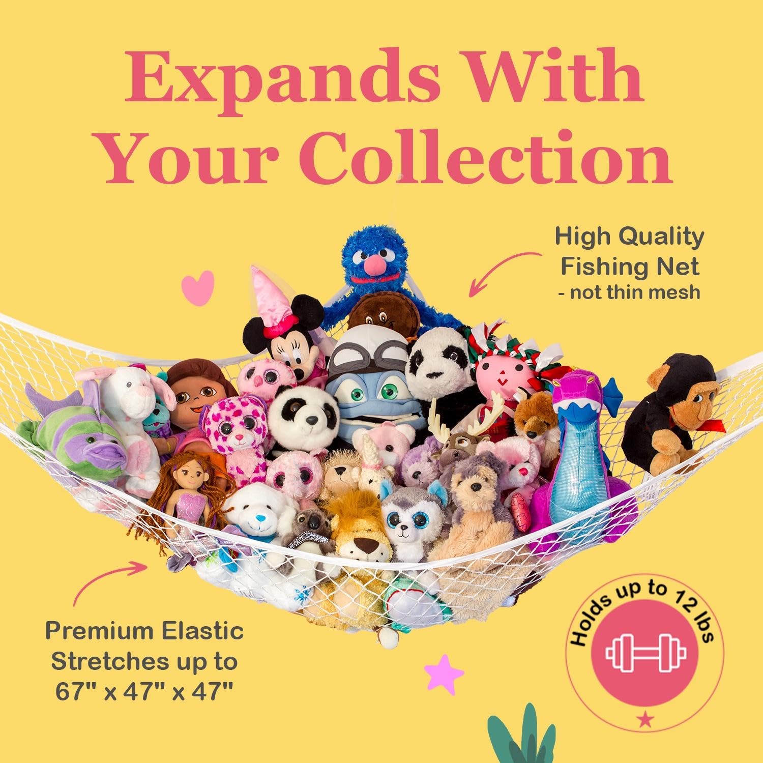 Lilly's Love hammock uses durable fish netting to store plush toys.