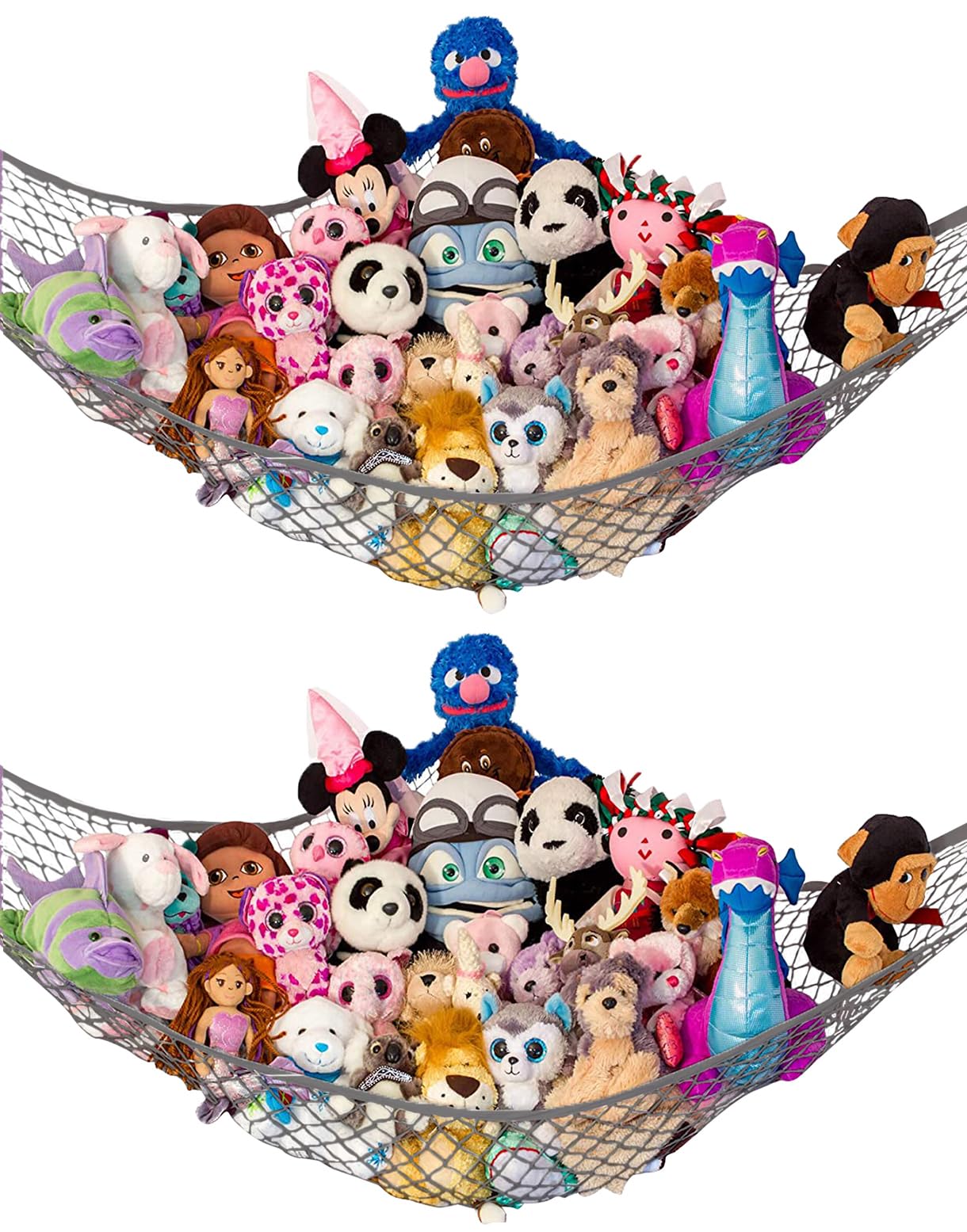 Lilly's Love stuffed animal hammock in corner storage organizing plush toys.