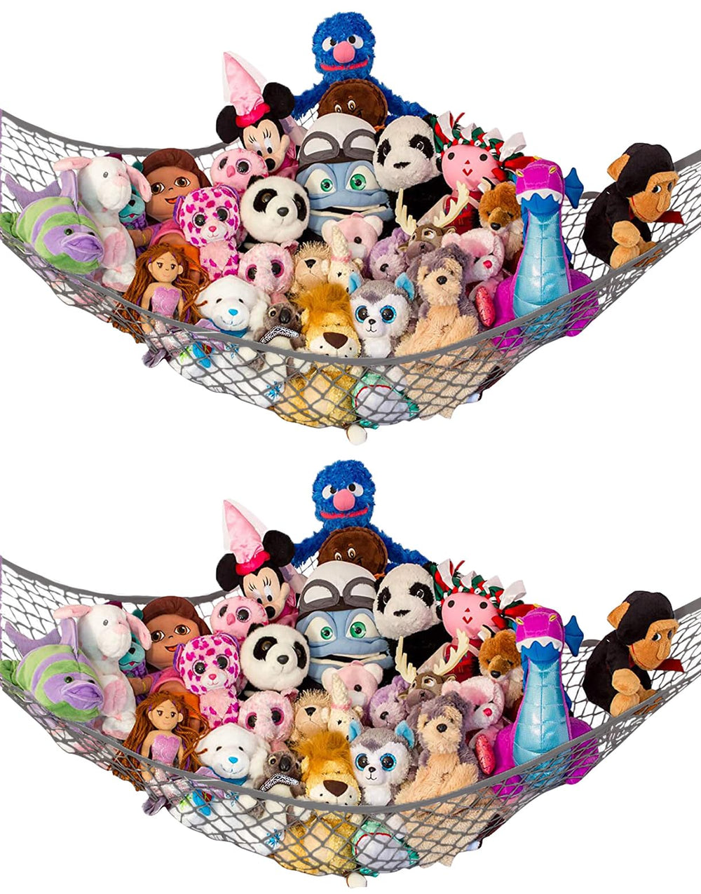 Lilly's Love stuffed animal hammock in corner storage organizing plush toys.