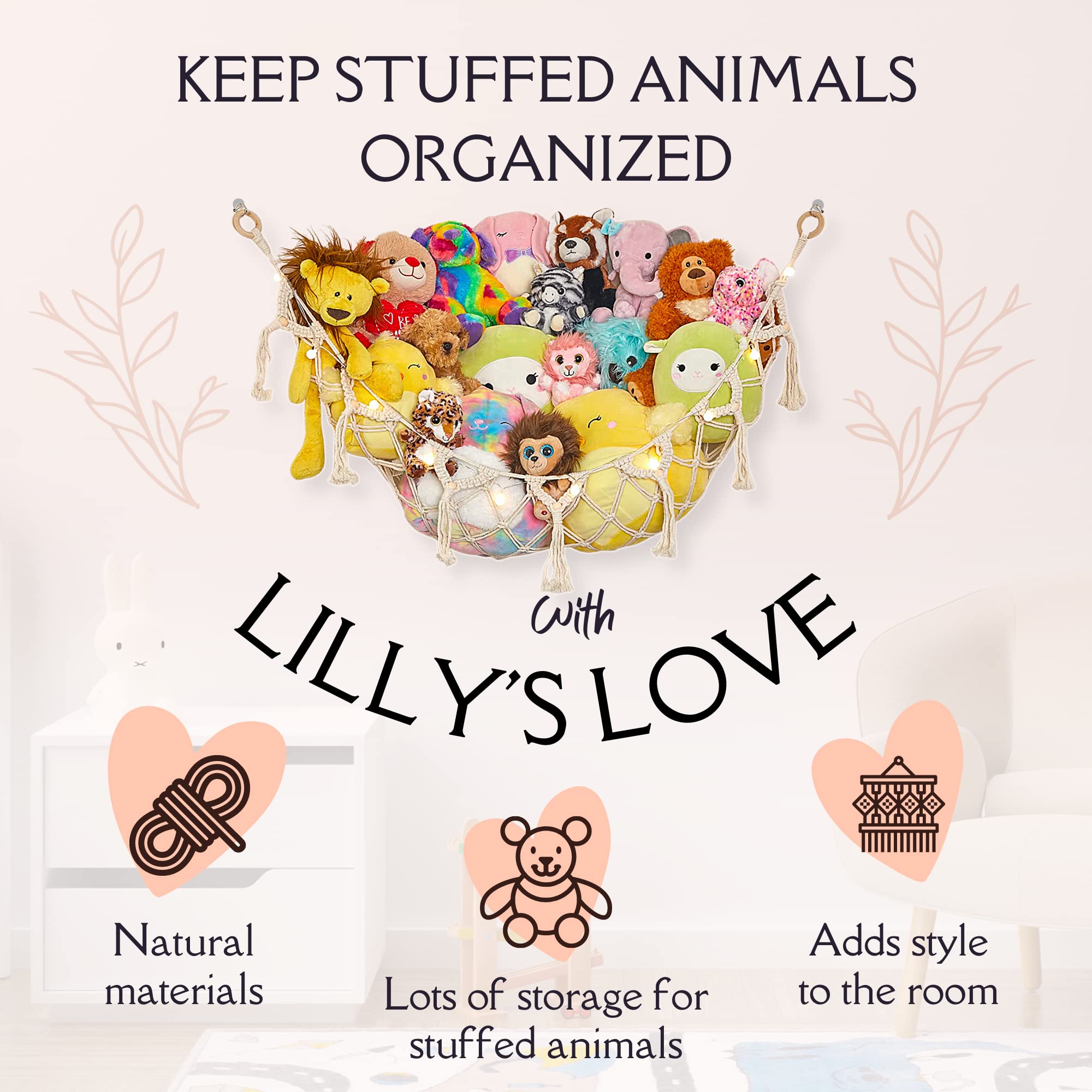 Lilly's Love large capacity hammock keeps jumbo plush toys organized