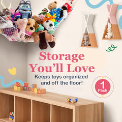 Lilly's Love storage net 67x47 holds plush toys for organized play.