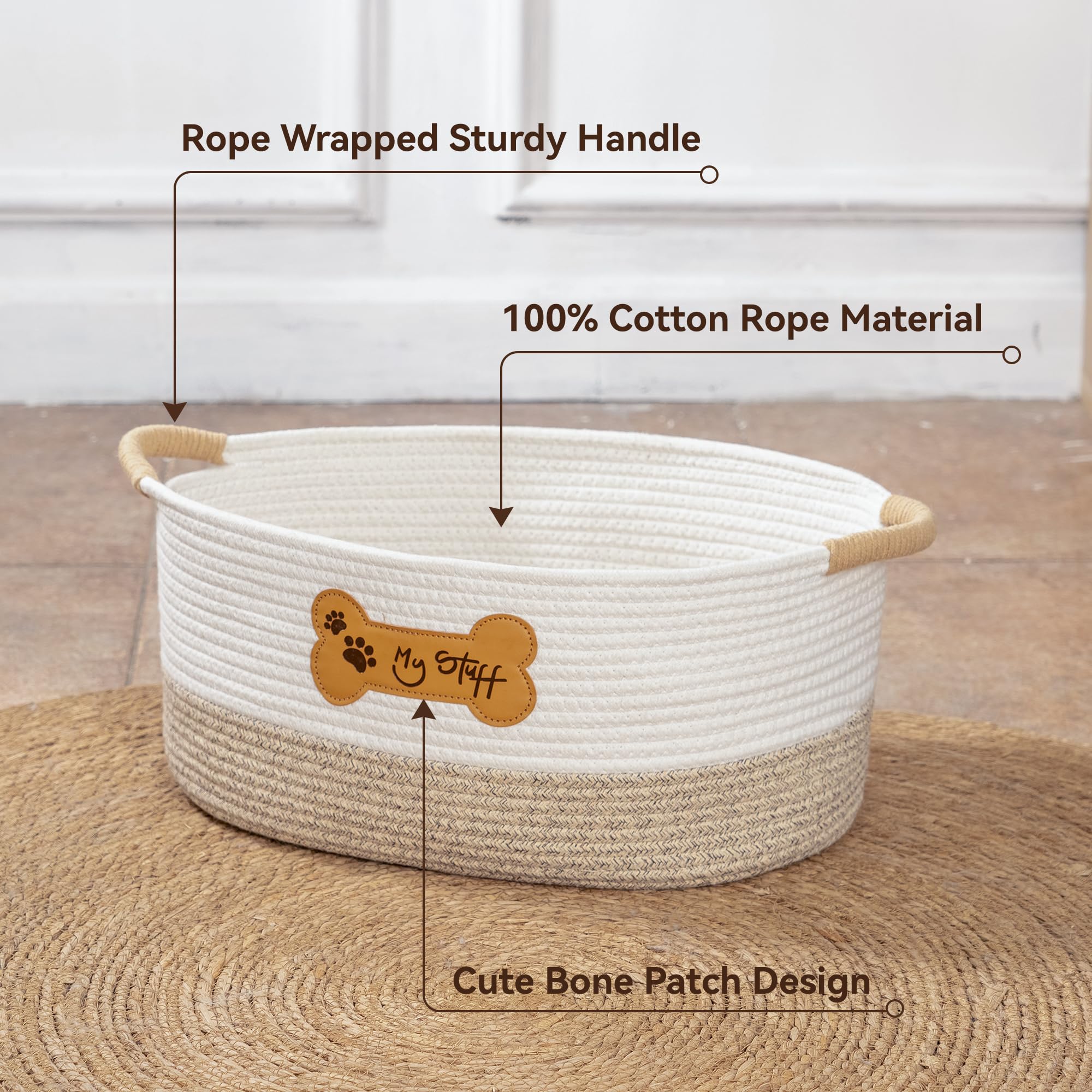 LILO DESIGN CO. woven pet storage basket ideal for toys and leashes.