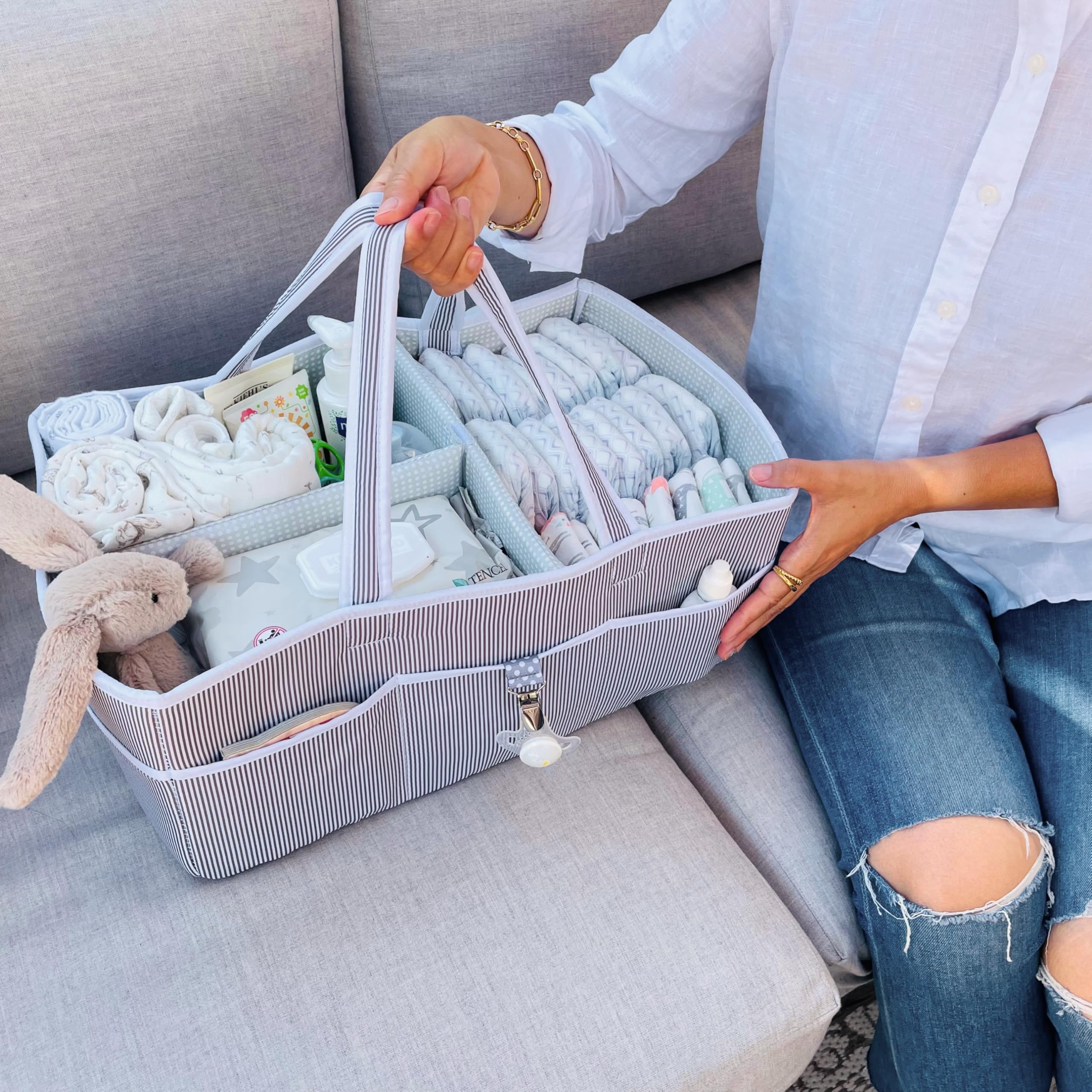 Lily Miles caddy ready for car trips and outings in gray-mint.