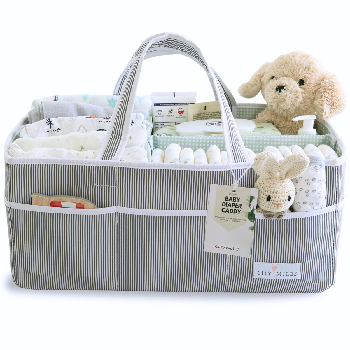 Lily Miles diaper caddy in gray-mint front view; organizes diapers, wipes, and toys.