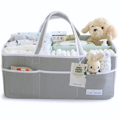 Lily Miles diaper caddy in gray-mint front view; organizes diapers, wipes, and toys.