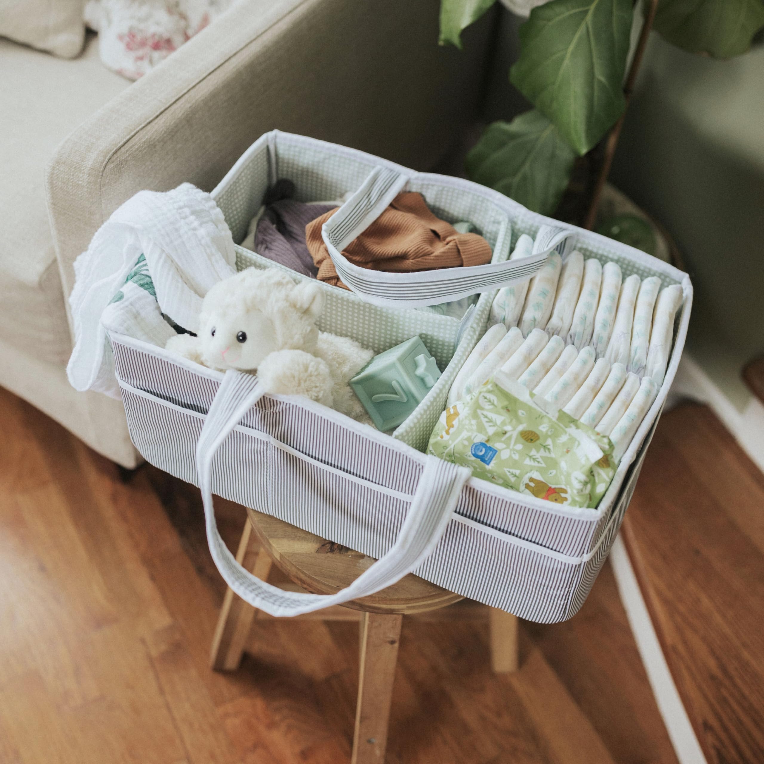 Lily Miles unisex gray-mint caddy for both boy and girl nursery.