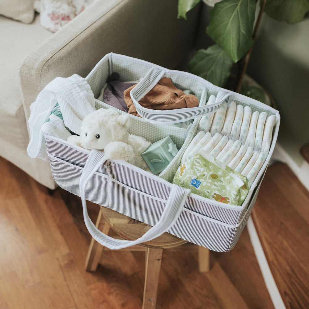 Lily Miles unisex gray-mint caddy for both boy and girl nursery.