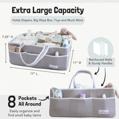 Lily Miles gray-mint caddy on changing table with ample space.