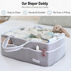 Lily Miles gray-mint diaper caddy top-down view showing spacious interior.