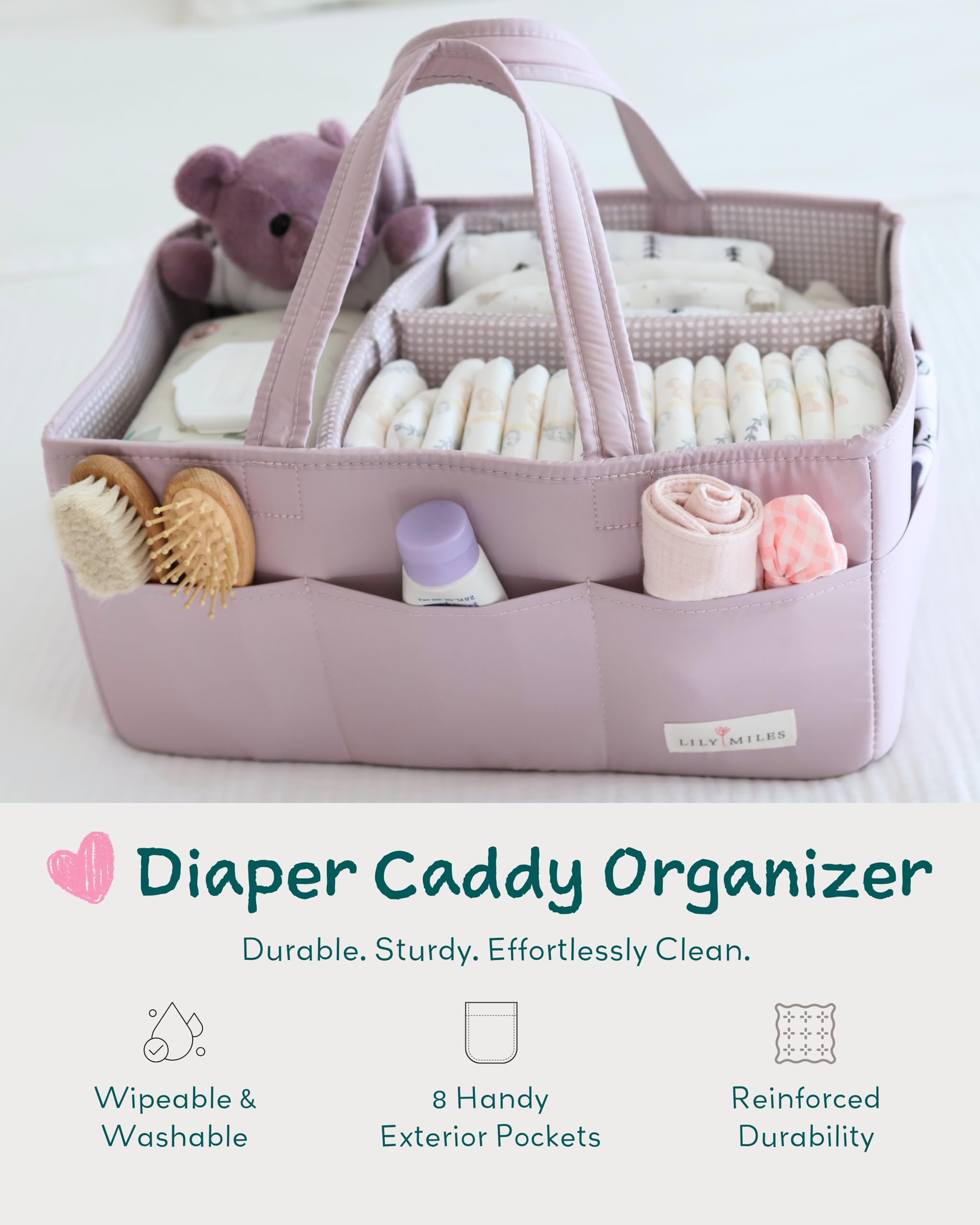 Lily Miles diaper caddy with 8 pockets and open layout for versatile storage