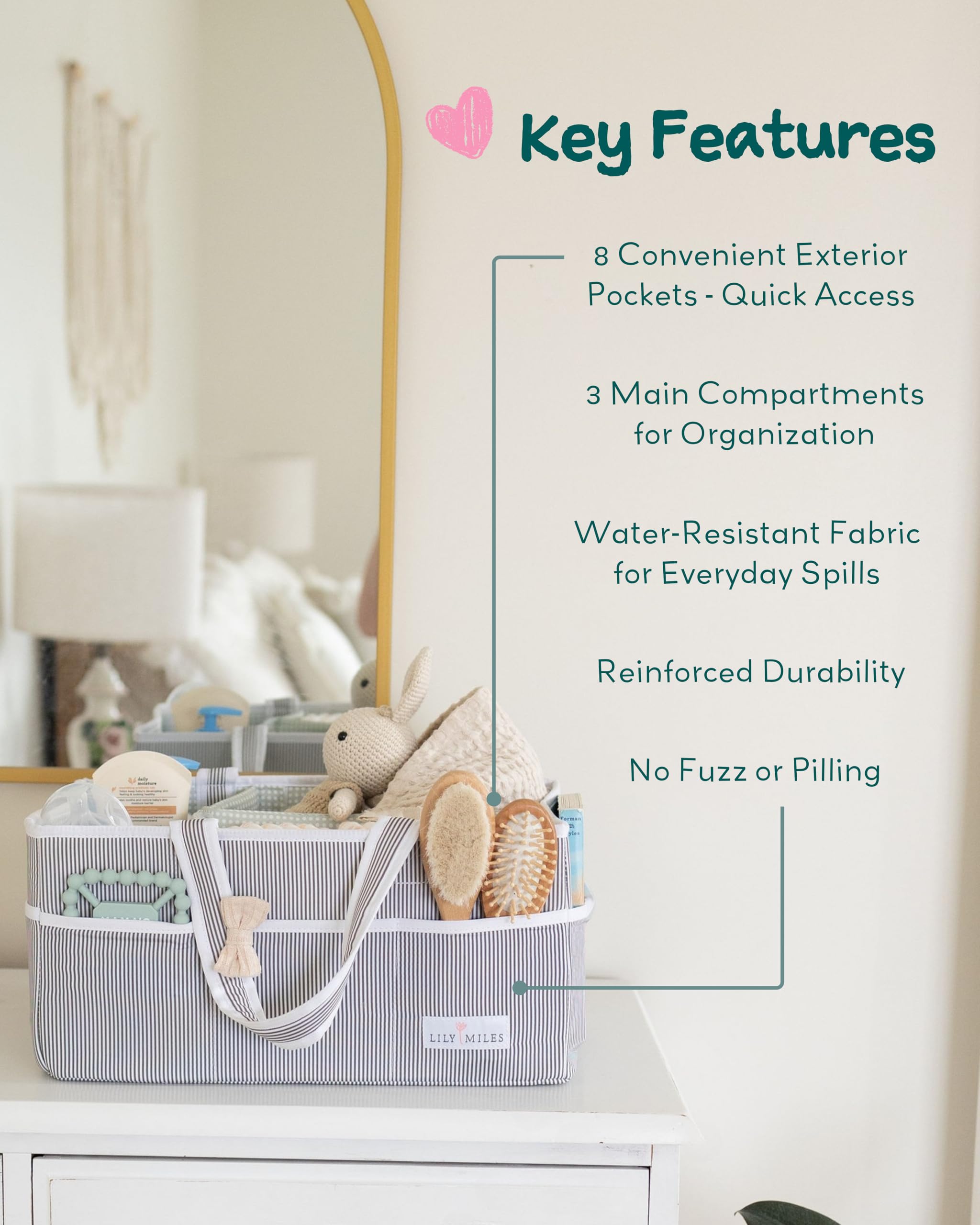 Lily Miles diaper caddy on changing table gives easy reach