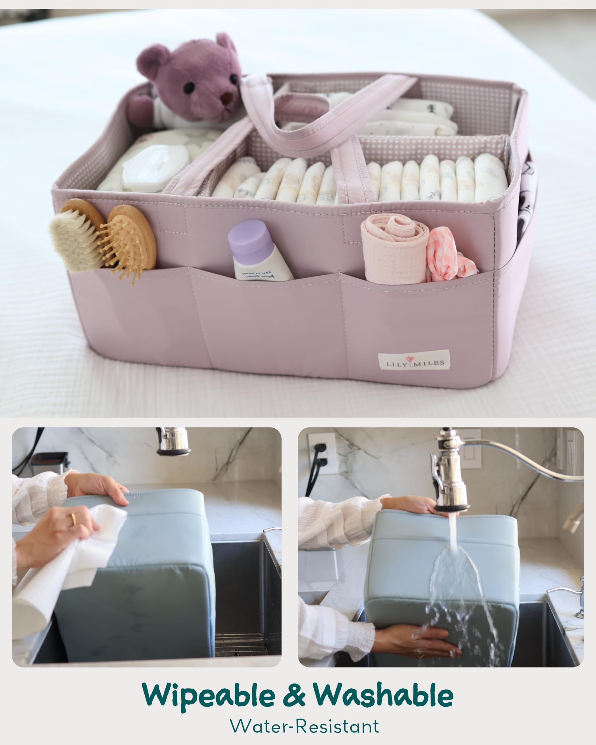 Lily Miles diaper caddy with removable dividers for customized organization