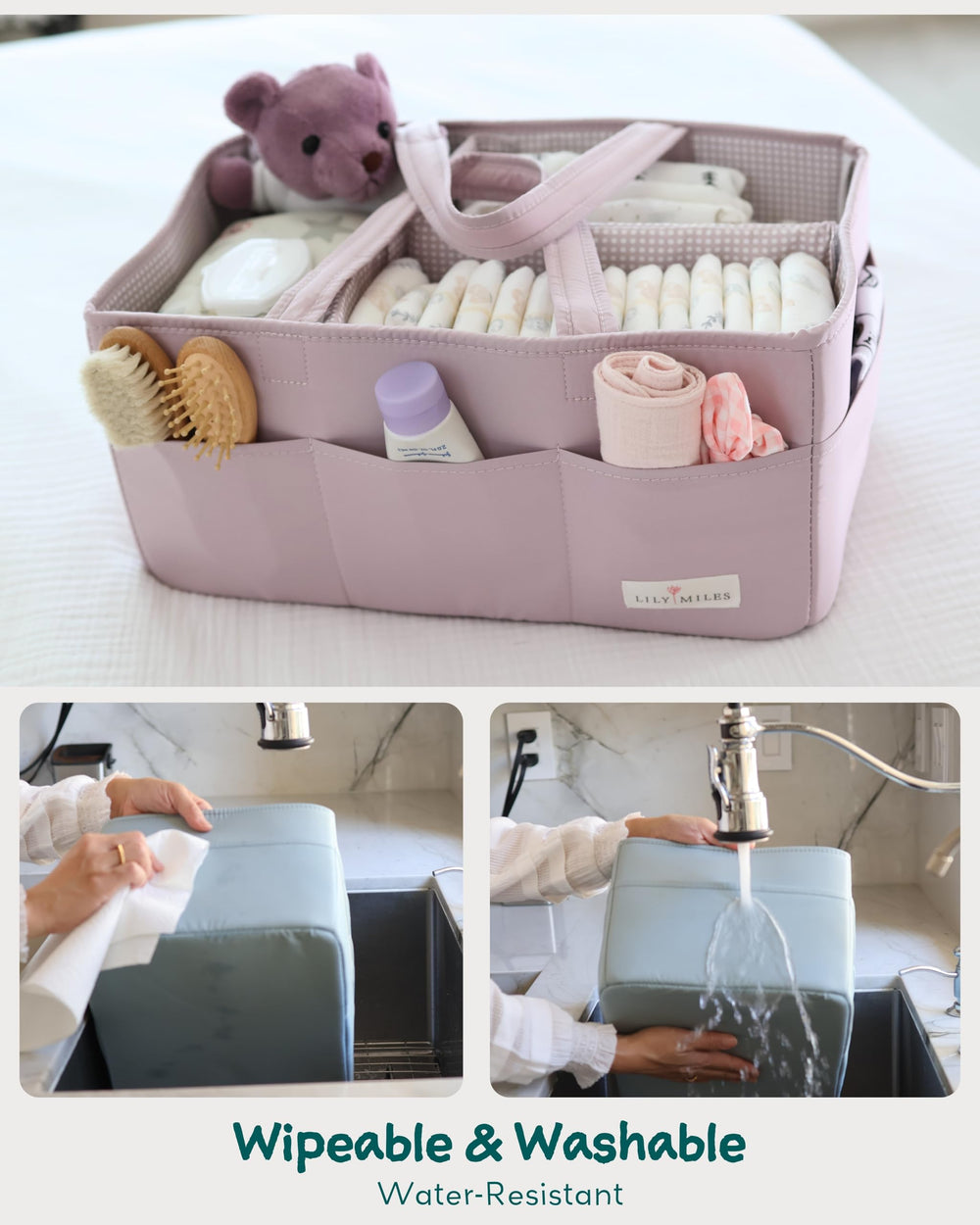 Lily Miles diaper caddy with removable dividers for customized organization