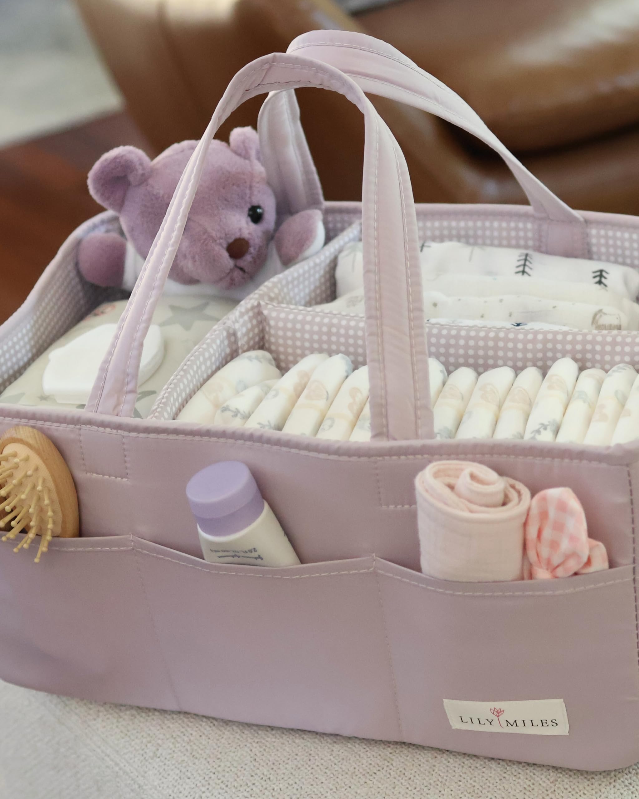 Lily Miles diaper caddy with sturdy handles for home and travel