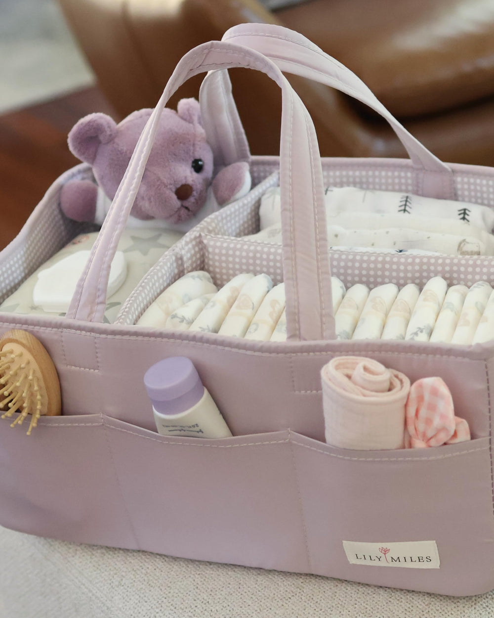 Lily Miles diaper caddy with sturdy handles for home and travel