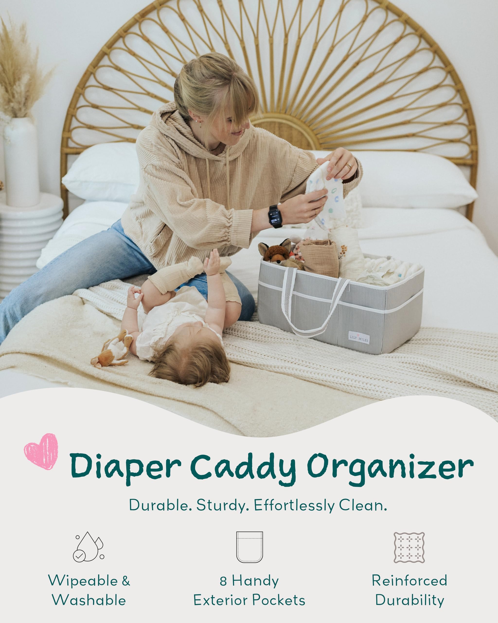 Lily Miles large capacity caddy holds diapers, wipes, and nursing items at hand