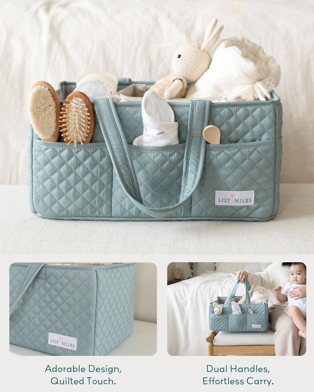 Lily Miles diaper caddy removable dividers for flexible storage layout