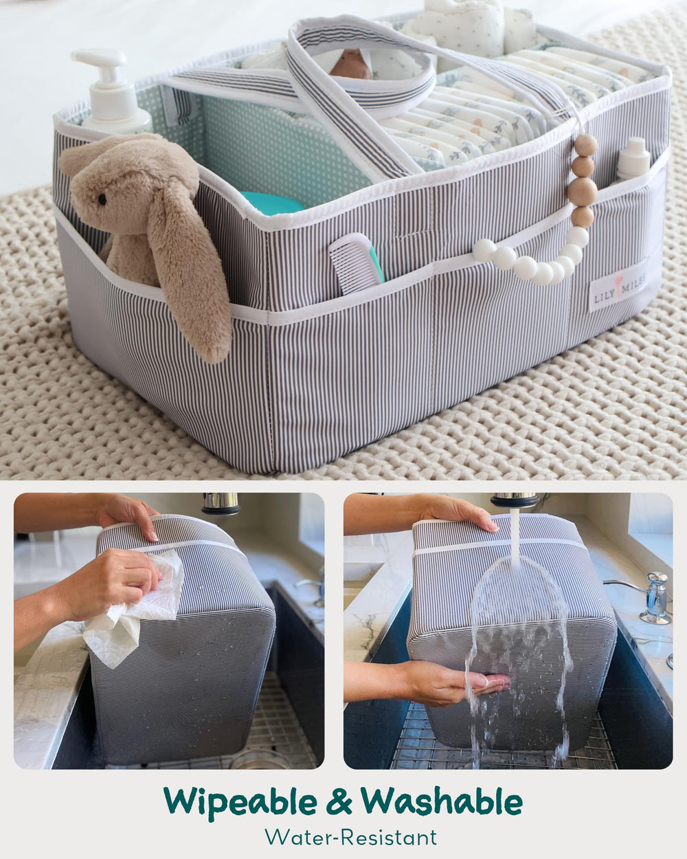 Lily Miles caddy with removable dividers helps organize diapers and lotions