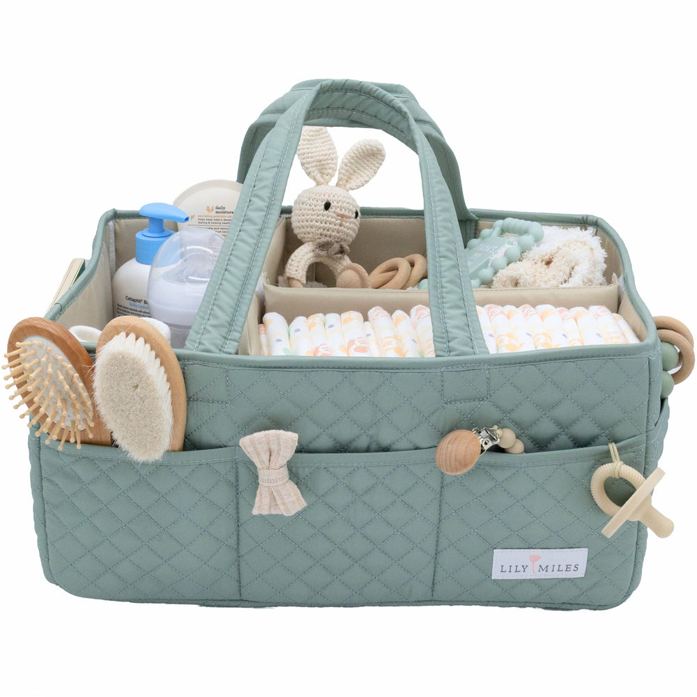 Lily Miles diaper caddy top view keeps diapers and wipes within easy reach