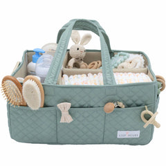 Lily Miles diaper caddy top view keeps diapers and wipes within easy reach