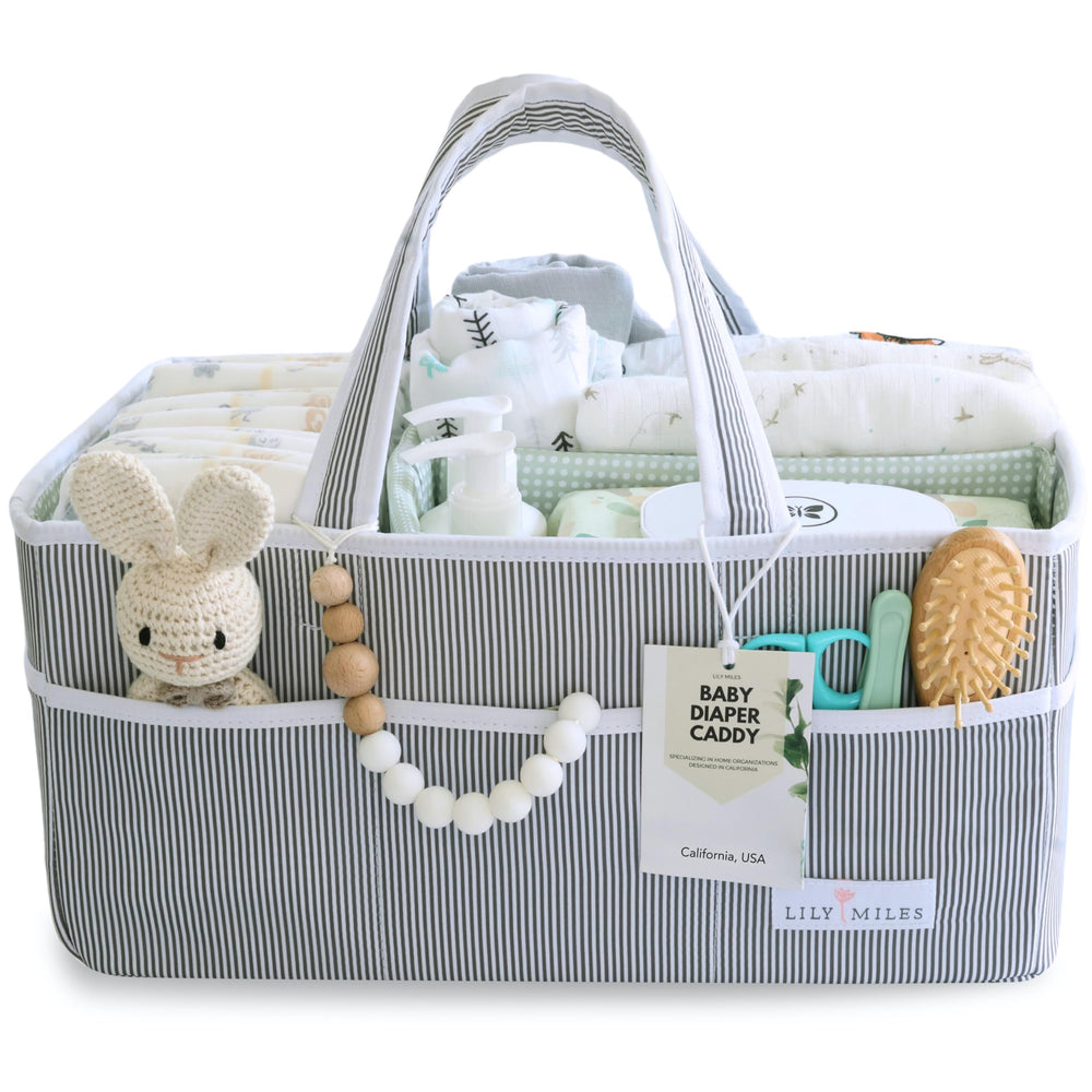 Lily Miles diaper caddy with water resistant fabric keeps nursery tidy and clean