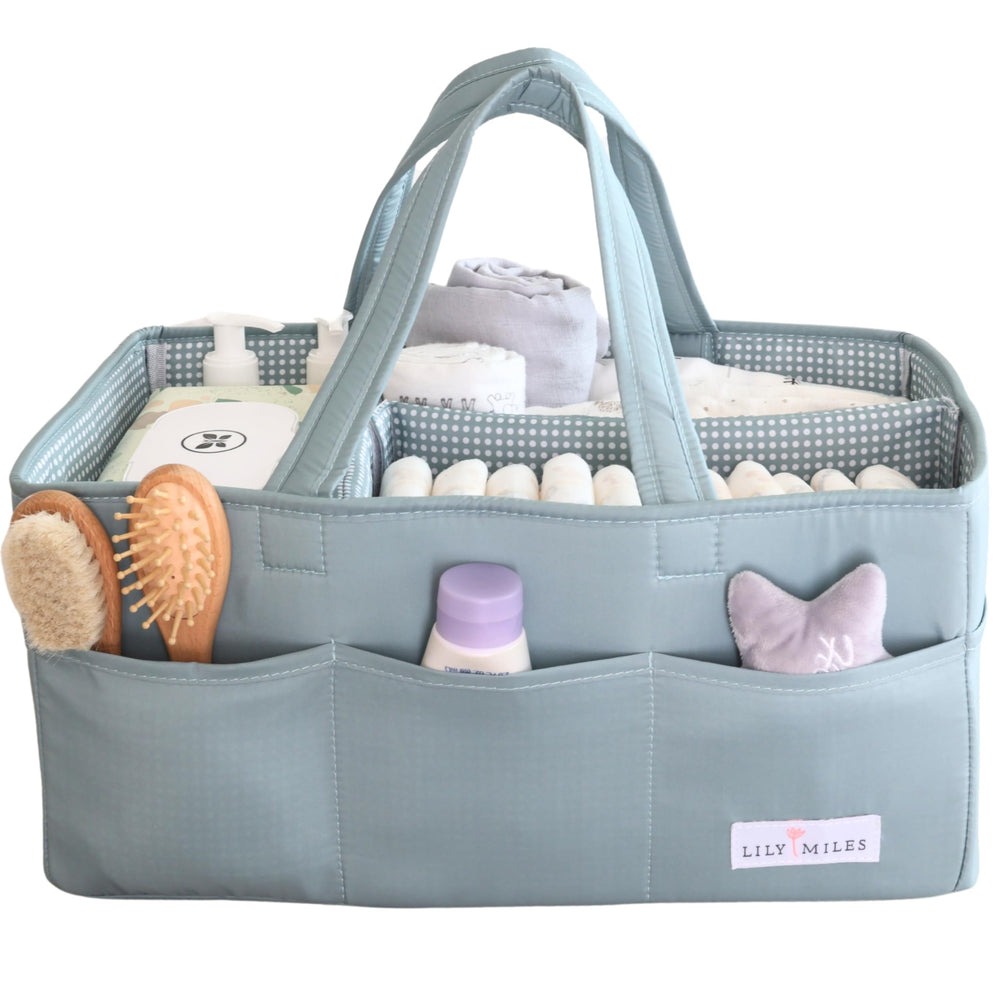 Lily Miles diaper caddy willow green front view keeps essentials organized at the changing table