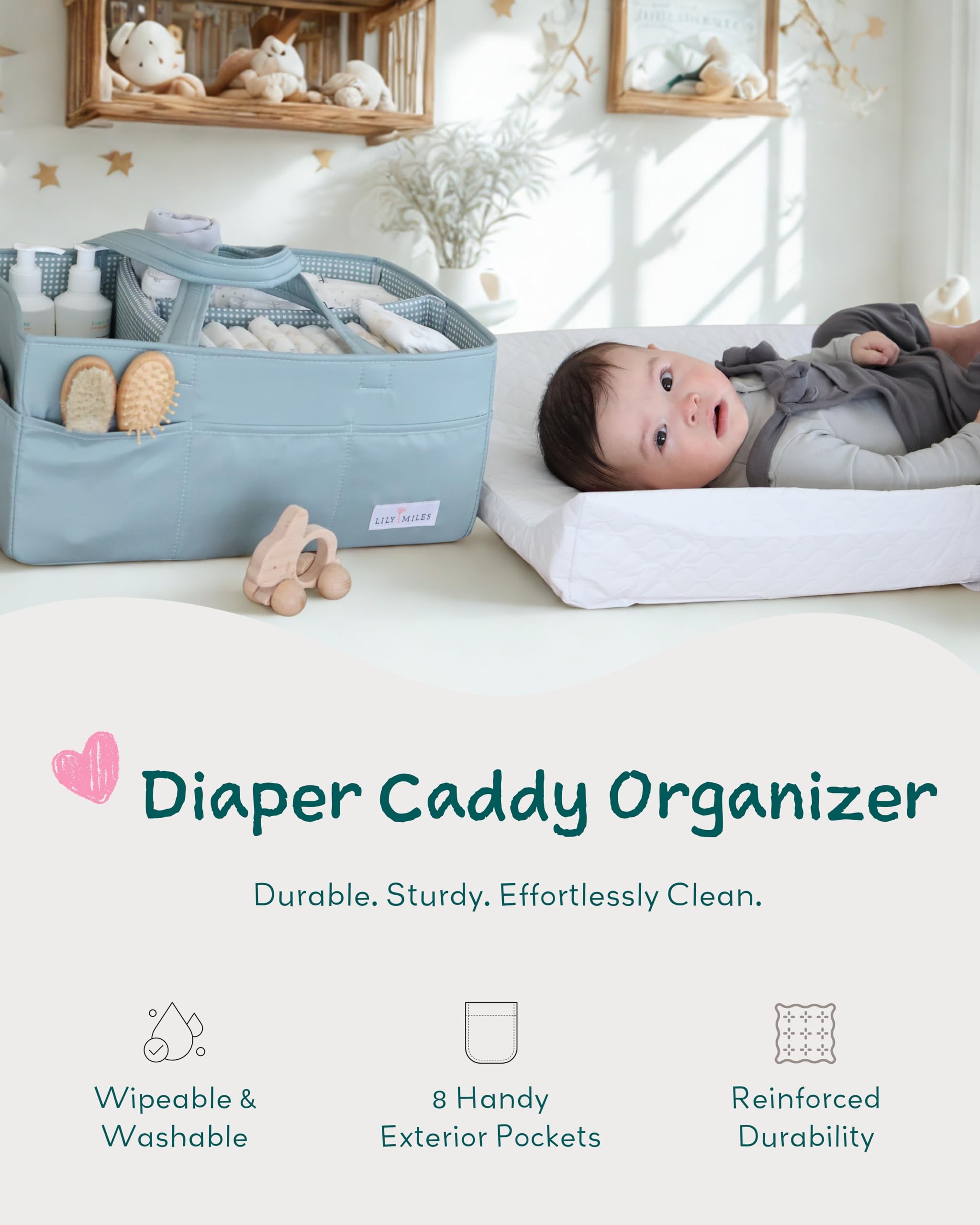 Lily Miles willow green durable polyester diaper caddy for daily use