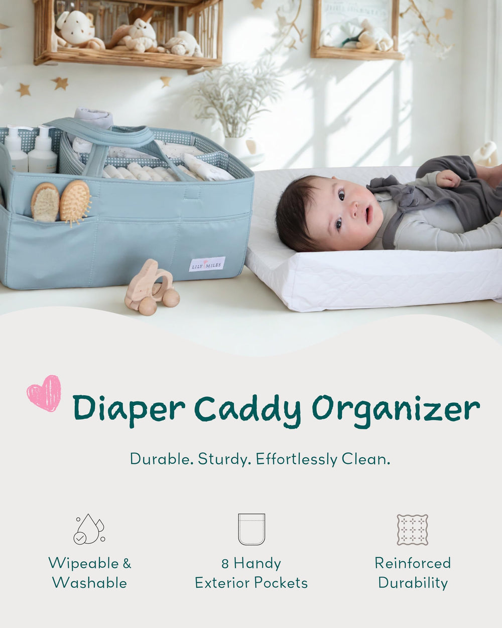 Lily Miles willow green durable polyester diaper caddy for daily use