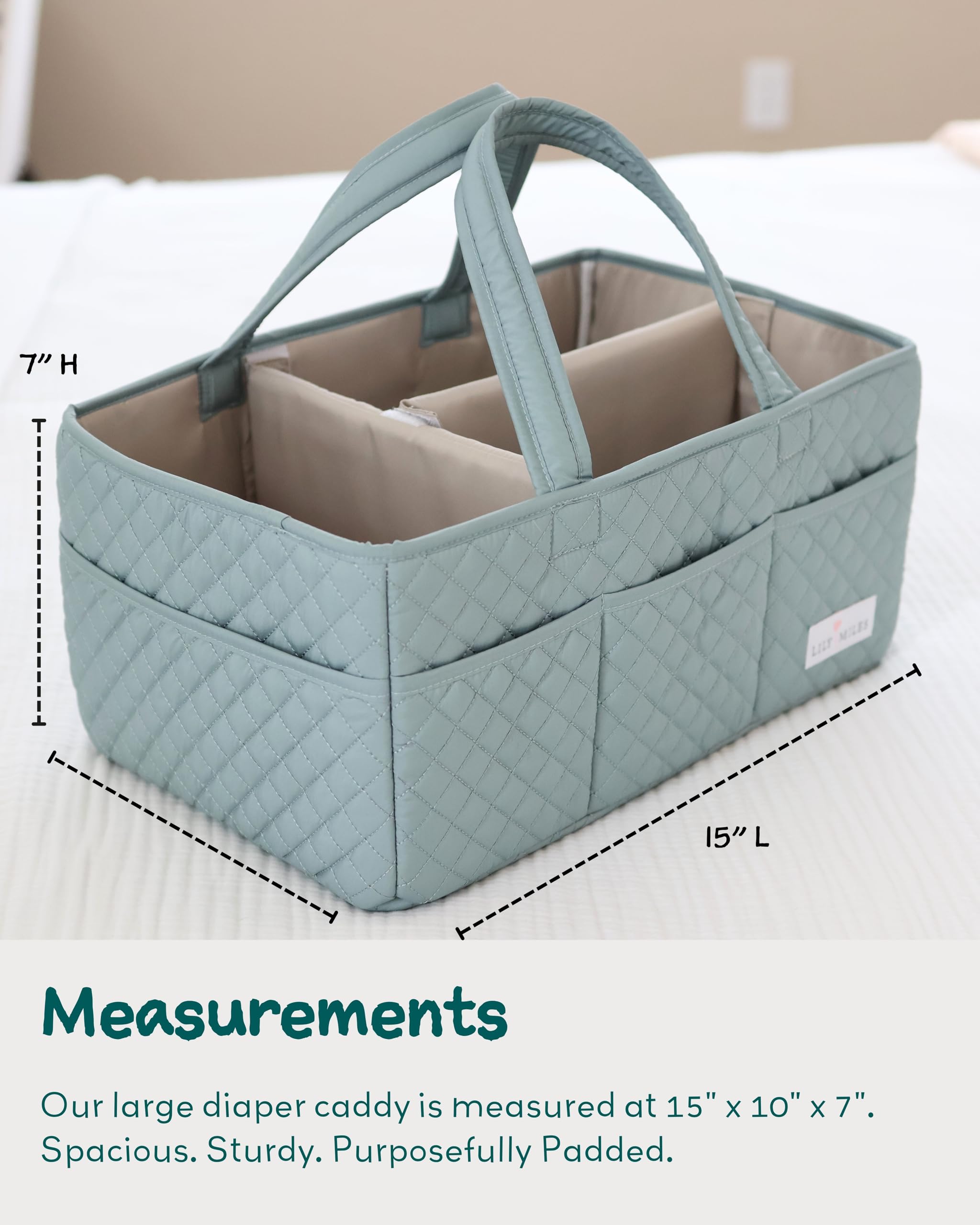 Lily Miles nursery storage basket by bedside for quick diaper changes