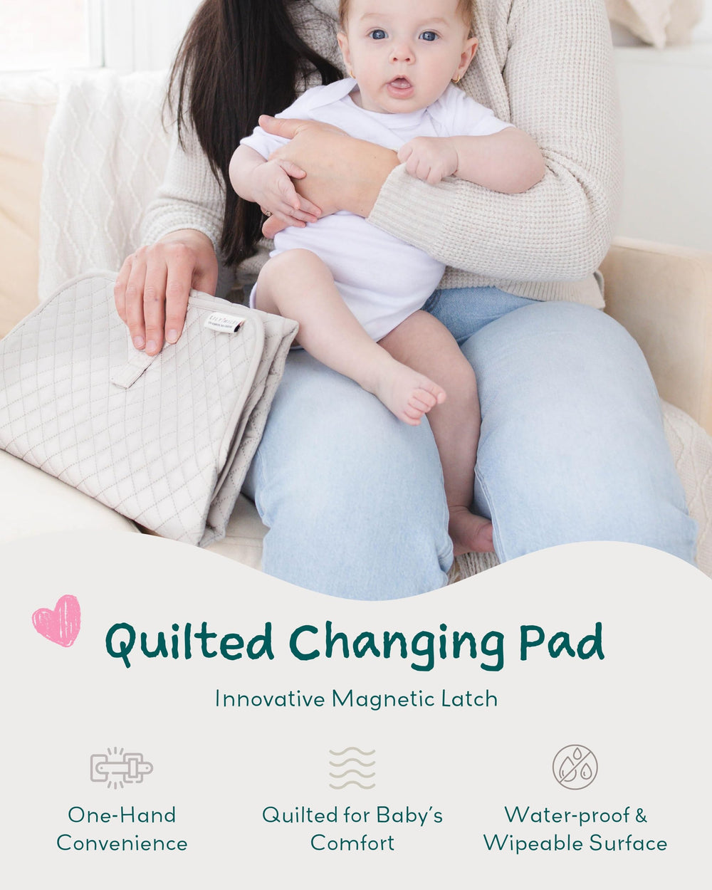Lily Miles one-hand operation changing pad, Soft Sand, ideal for on-the-go diapering.
