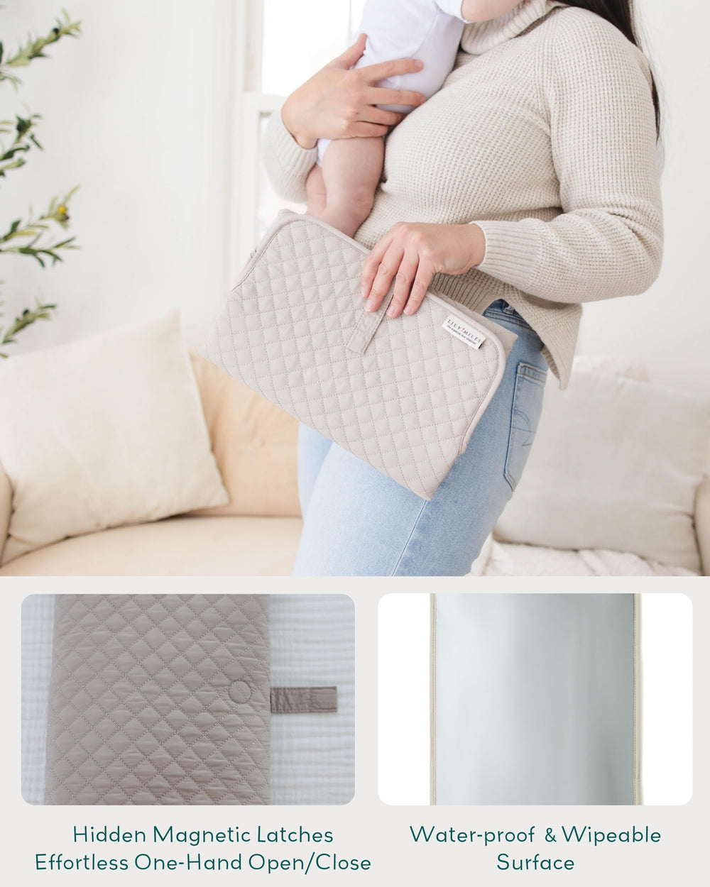 Lily Miles quilted waterproof changing mat keeps baby comfortable and clean.