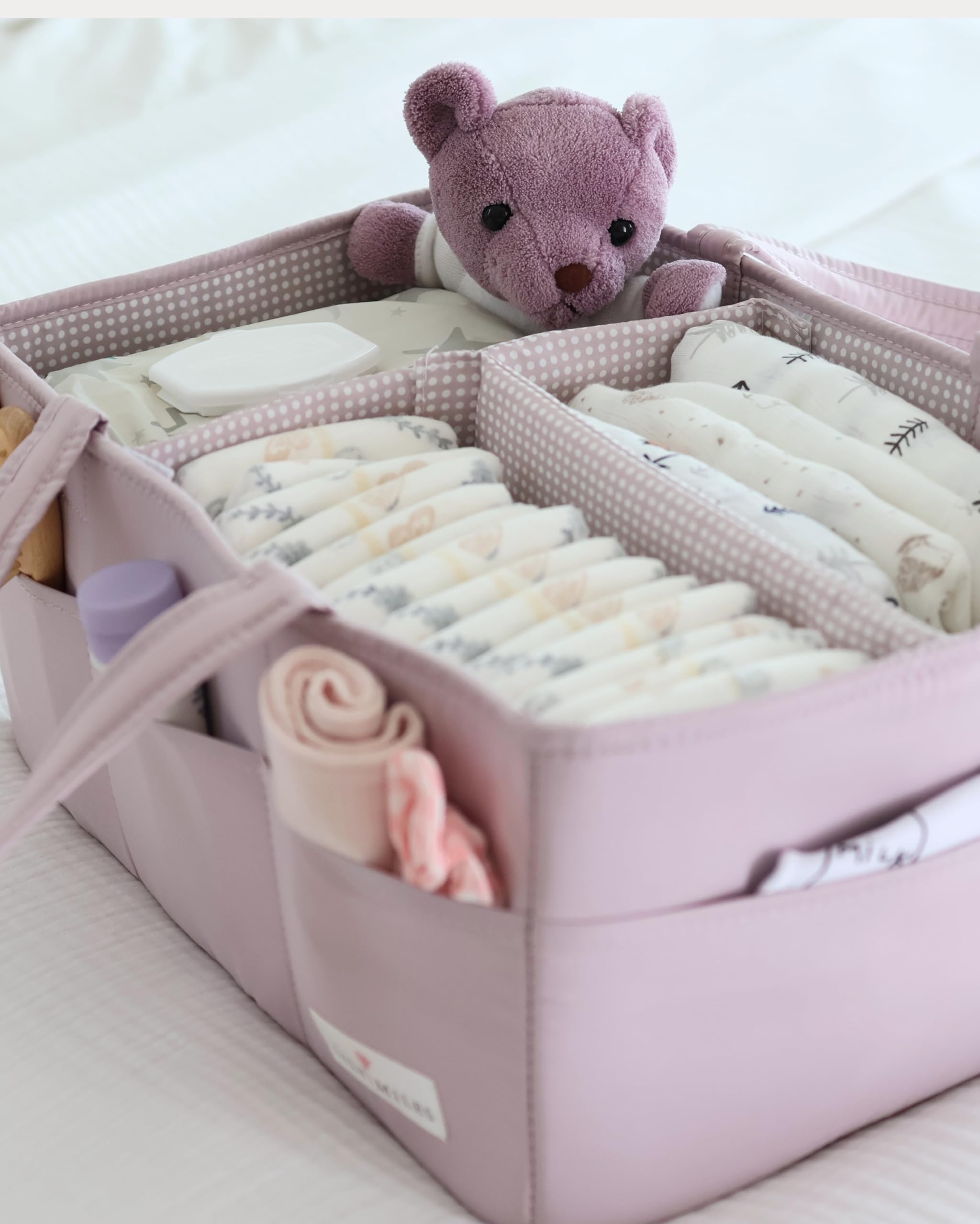 Lily Miles gift-ready diaper caddy in Rosy Lilac for baby showers