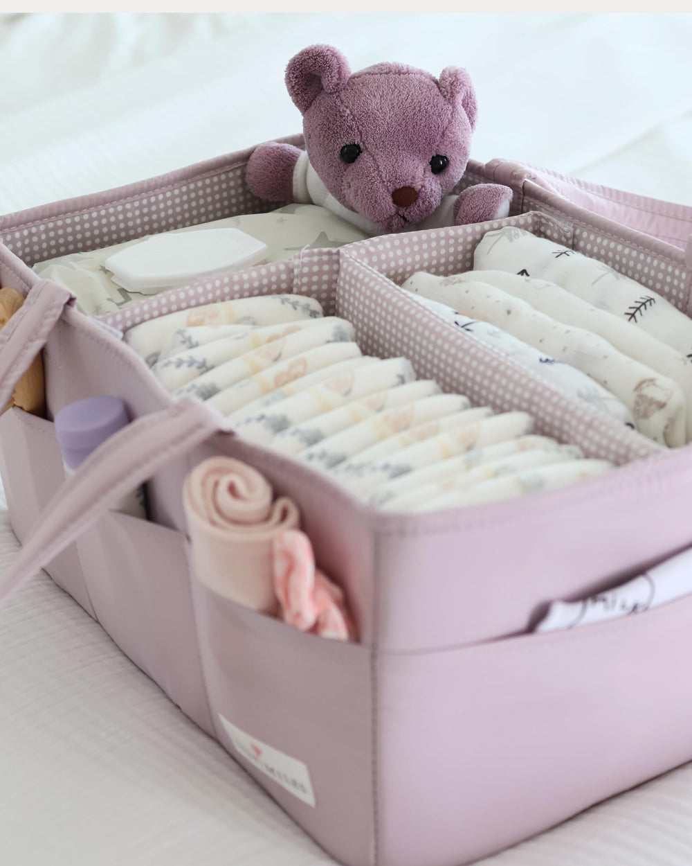 Lily Miles gift-ready diaper caddy in Rosy Lilac for baby showers