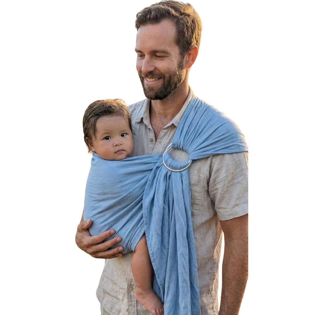Lilymoon organic baby ring sling in Azure Sky for all-day comfort and close baby contact.