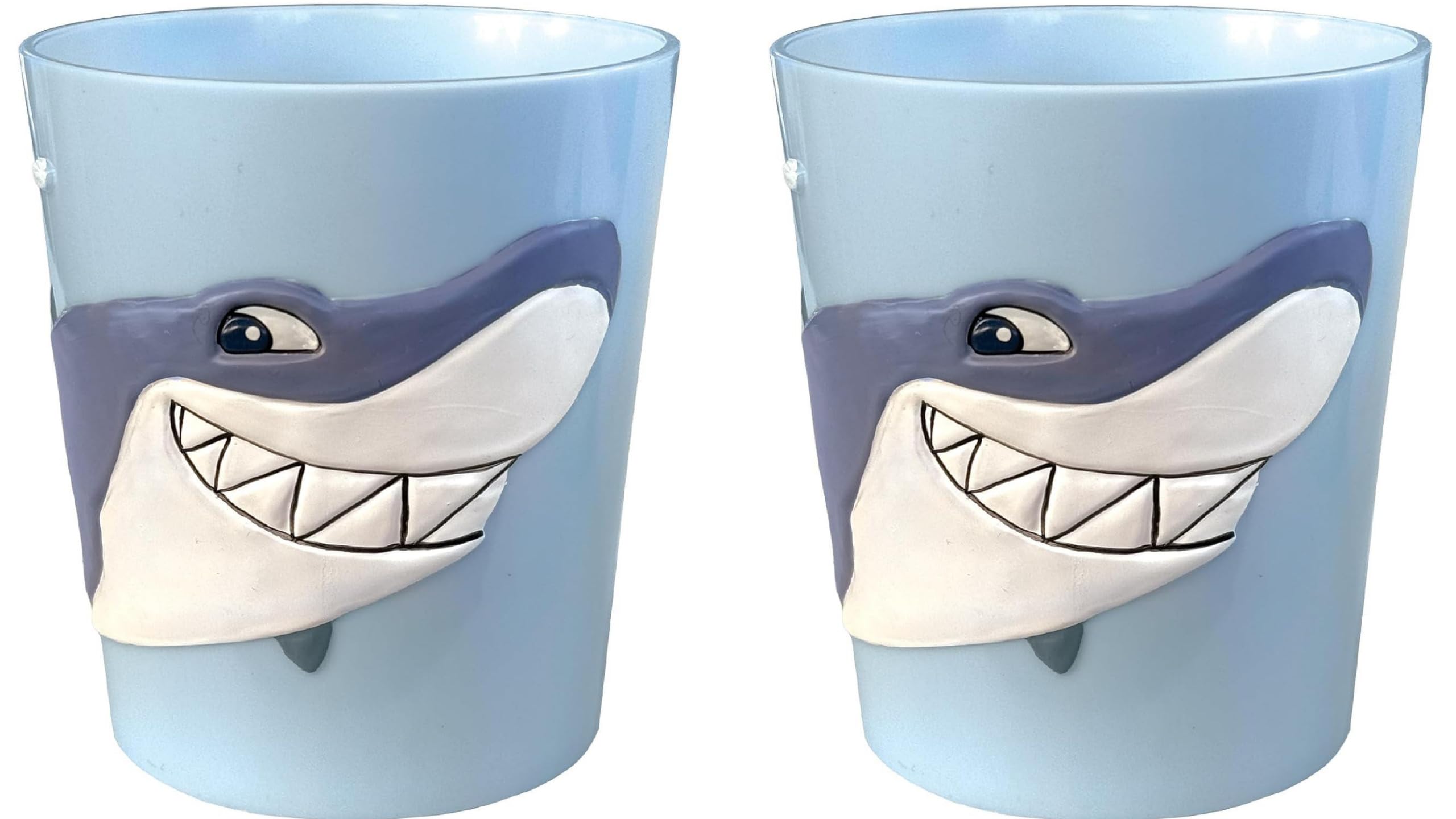 Lily's Home shark tumbler features a 3D grin, easy to grip for kids.